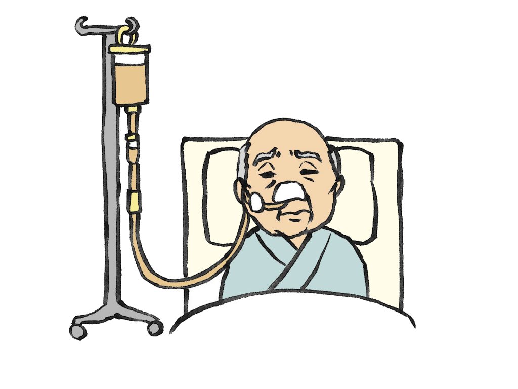 病衣を着た経管栄養中のおじいさんのイラスト