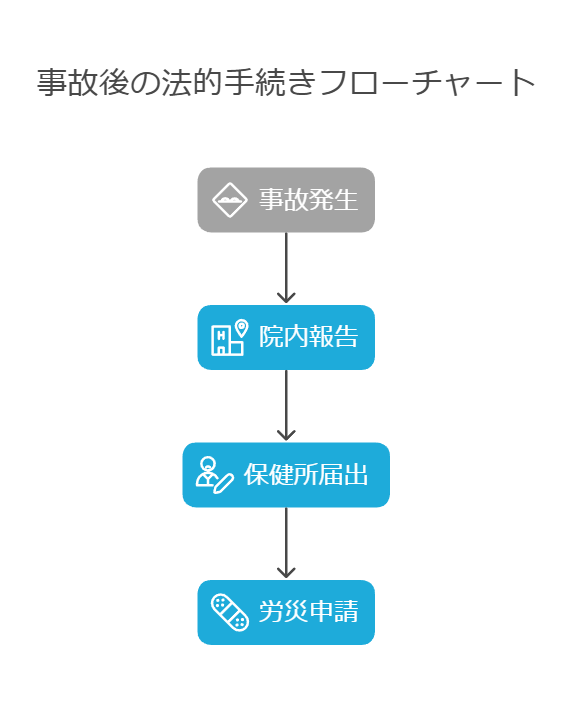 法的フロー図解 【事故発生】→【院内報告】→【保健所届出】→【労災申請】 