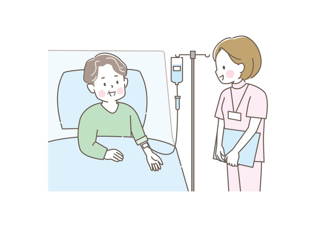 ベッドで看護師と会話する患者さんのイラスト