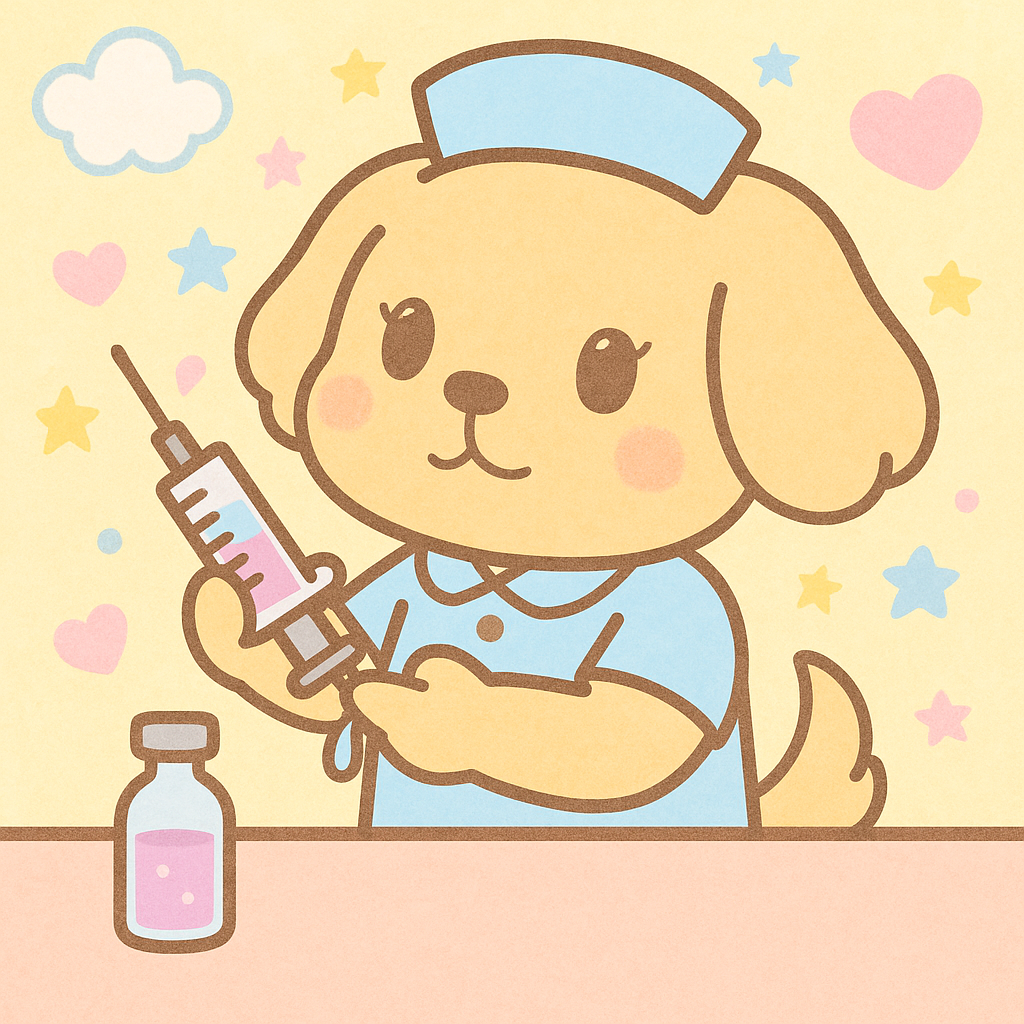 注射器に薬剤を吸う犬のイラスト
