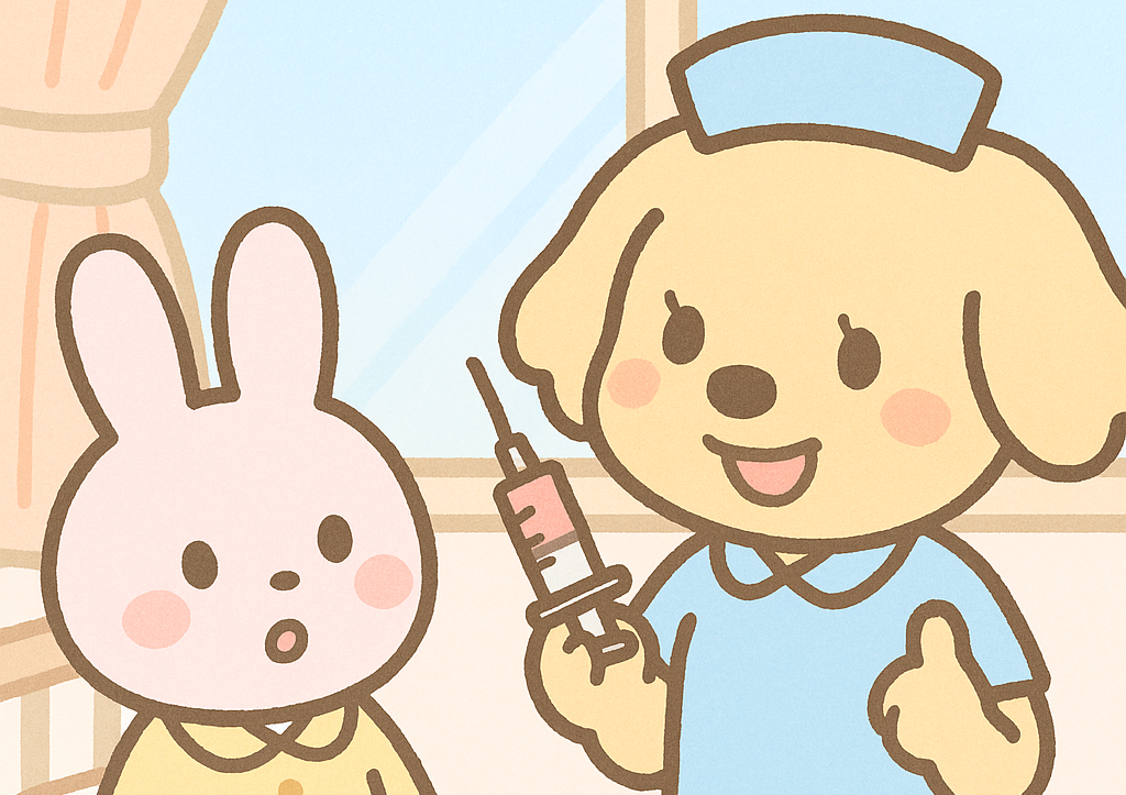 注射の説明をする犬のイラスト