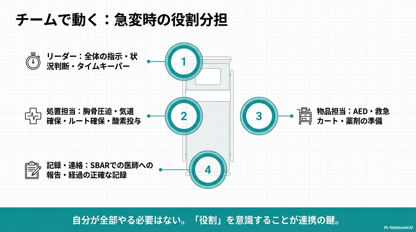 役割分担 胸骨圧迫 呼吸管理 物品・AED 記録・連絡