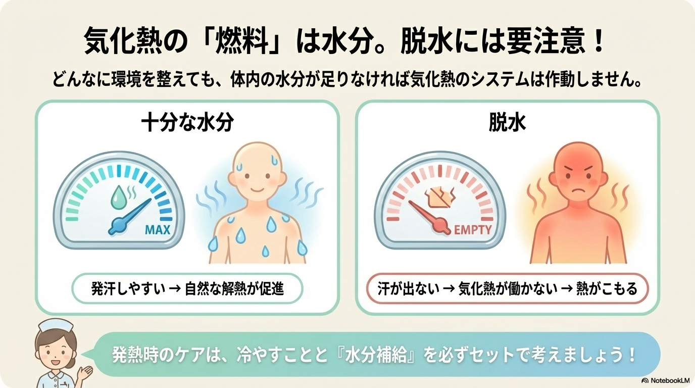 気化熱が働くためには「水分」が必要です。 つまり、発熱時の看護では水分管理がとても重要になります。 状態 影響 看護の視点 脱水 汗が出にくい 体温が下がりにくい 十分な水分 発汗しやすい 自然な解熱が促進される つまり、「水分が足りない＝気化熱が働かない＝体温が下がらない」という関係になります。 発熱時は、ただ冷やすだけでなく水分補給もセットで考えることが重要です😊