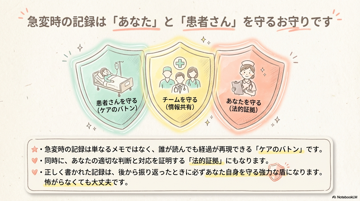 急変時の記録は以下の意味を持ちます。

その後の治療・看護の判断材料になる
チーム医療の情報共有になる
医療安全・法的な検証資料になる