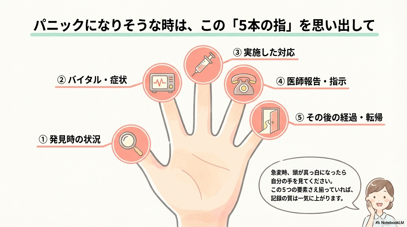 項目	具体的に書く内容
① 発見時の状況	時刻・場所・きっかけ（巡視、ナースコールなど）・患者の状態（意識、呼吸、循環）
② バイタル・症状	血圧、脈拍、呼吸数、SpO2、意識レベル（JCSなど）、主訴、モニター所見
③ 実施した対応・処置	酸素投与、ルート確保、CPR、除細動、薬剤投与（量・ルート・時刻）
④ 医師報告・指示	いつ・誰に・何を報告したか、受けた指示内容（薬剤・処置など）
⑤ その後の経過	患者の反応（バイタル変化）、転帰（ICU転棟、ROSC、死亡確認など）