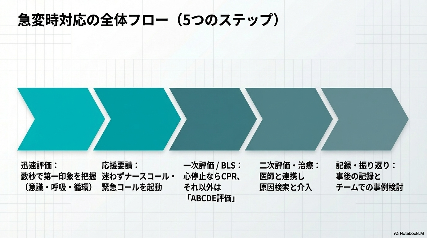 急変時の流れ 迅速評価（第一印象） 応援要請 BLS または 一次評価 二次評価・治療 記録・振り返り