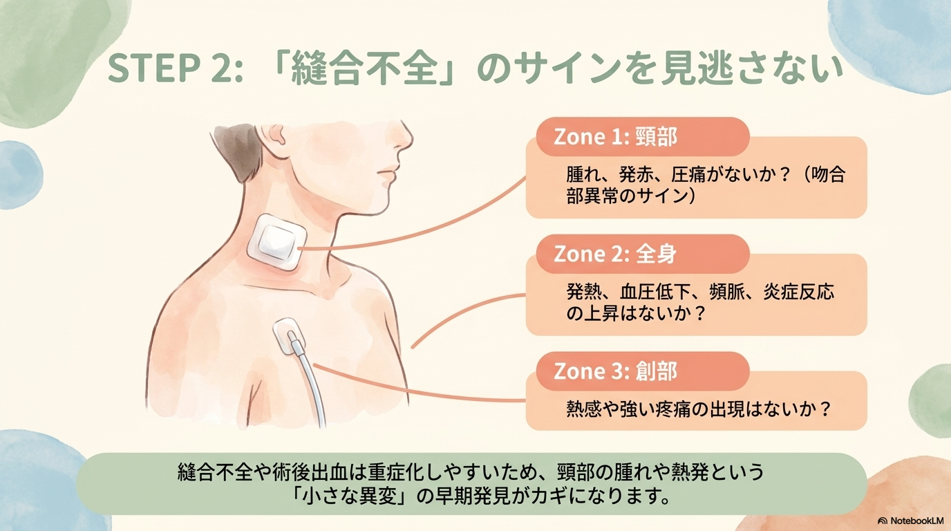 次に注意したいのが、縫合不全や術後出血です。

どちらも見逃すと重症化するため、日々の観察がとても重要です。

発熱や炎症反応の上昇
頸部の発赤・腫脹・疼痛
ドレーン排液の増加・性状変化
血圧低下・頻脈

とくに、「ドレーンの変化」は大きなヒントになります。

少しでも「いつもと違う」と感じたら、すぐに報告することが大切です。