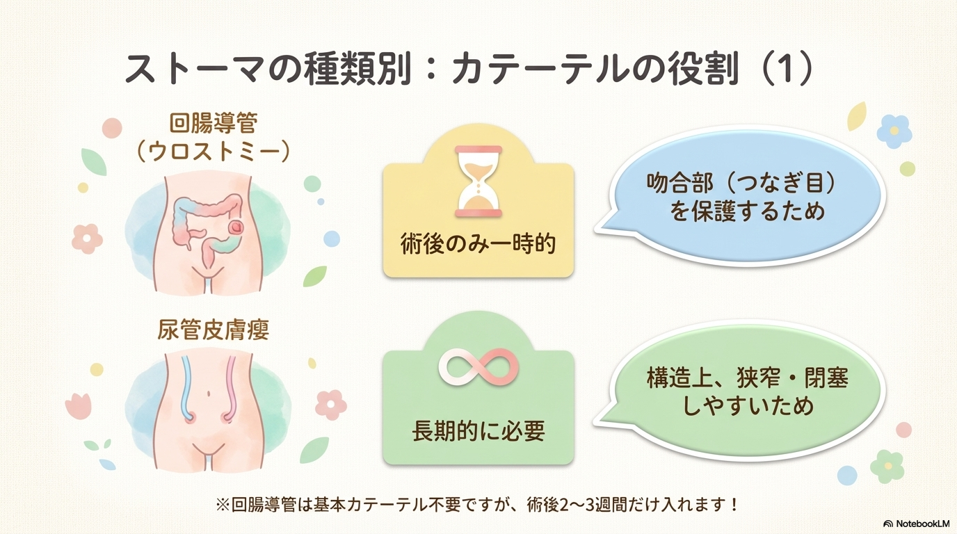 回腸導管のカテーテル管理

回腸導管は、小腸の一部を使って尿の通り道を作り、ストーマから常に尿が排出されるタイプです。

基本的にはカテーテルなしでも尿は流れる構造ですが、術後は以下の目的でカテーテル（ステント）が留置されることがあります。

尿管の吻合部を保護する
尿の流れを安定させる

このステントは一時的なもので、術後2〜3週間程度で抜去されることが多いです。

そのため、回腸導管では「カテーテルは基本不要だが、術後は一時的に必要」と覚えておくと整理しやすいです。

尿管皮膚瘻のカテーテル管理

尿管皮膚瘻は、尿管を直接皮膚に開口させるストーマです。

このタイプは狭窄や閉塞が起こりやすいため、カテーテルを留置して管理するのが基本になります。

尿の流れを確保する
閉塞を予防する

そのため、回腸導管と違い、長期的にカテーテル管理が必要になるケースが多いのが特徴です。

新人さんがよく間違えるポイントとして、「全部のストーマでカテーテルは一時的」と思ってしまうことがありますが、ここはしっかり区別しましょう。