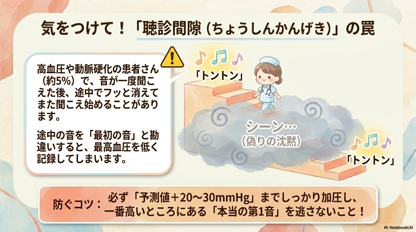 聴診間隙とは 聴診間隙とは、コロトコフ音が一度聞こえたあと、途中で一時的に消える現象のことです。