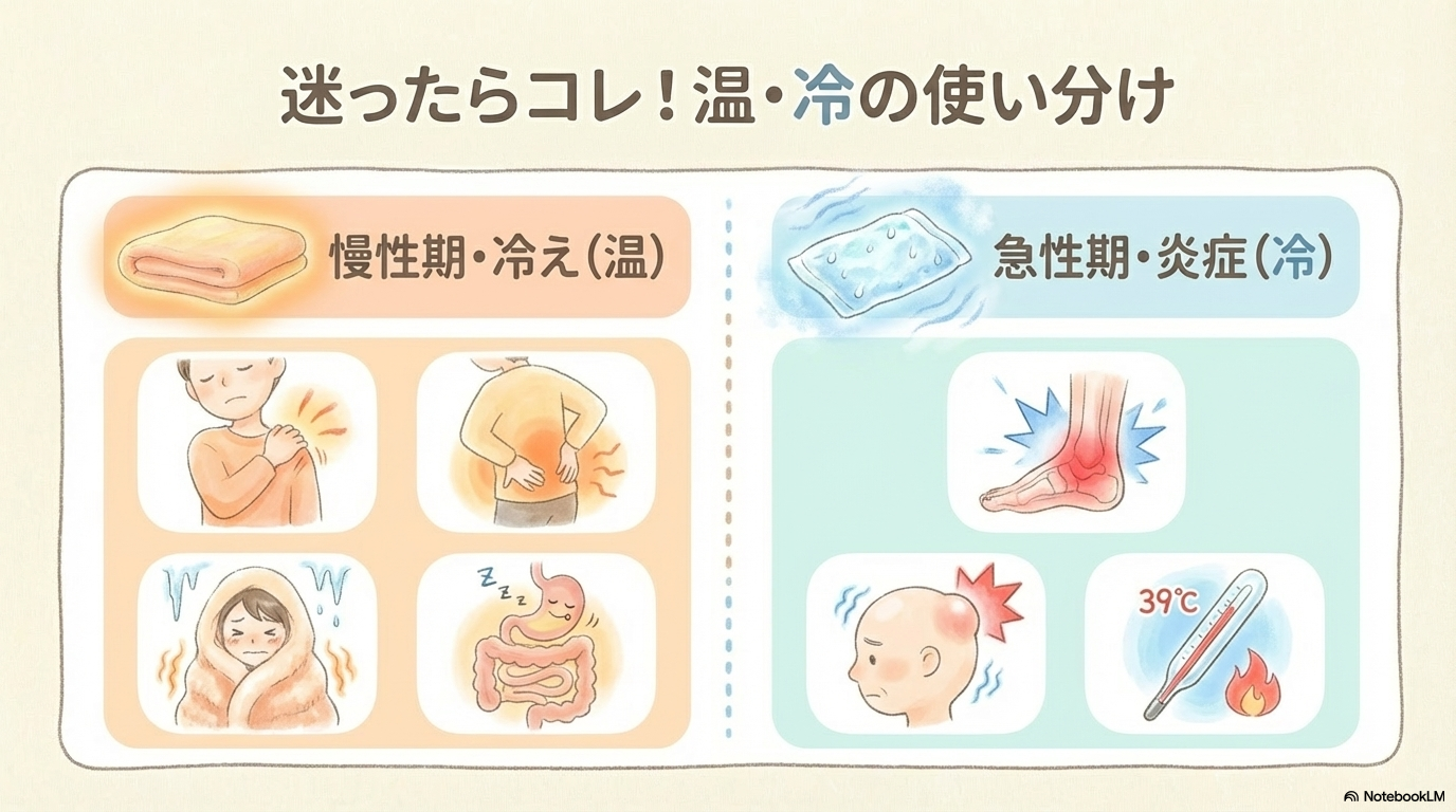 冷湿布との使い分け 現場でよく迷うのが、温湿布と冷湿布の使い分けですよね。 項目 温湿布 冷湿布 主な目的 血流促進・リラックス 炎症抑制・腫脹軽減 使用場面 慢性期・冷え・筋緊張 急性期・外傷・炎症 例 腰痛・便秘・肩こり 捻挫・打撲・発熱部位 シンプルに覚えるなら👇 急性期は冷やす、慢性期は温める