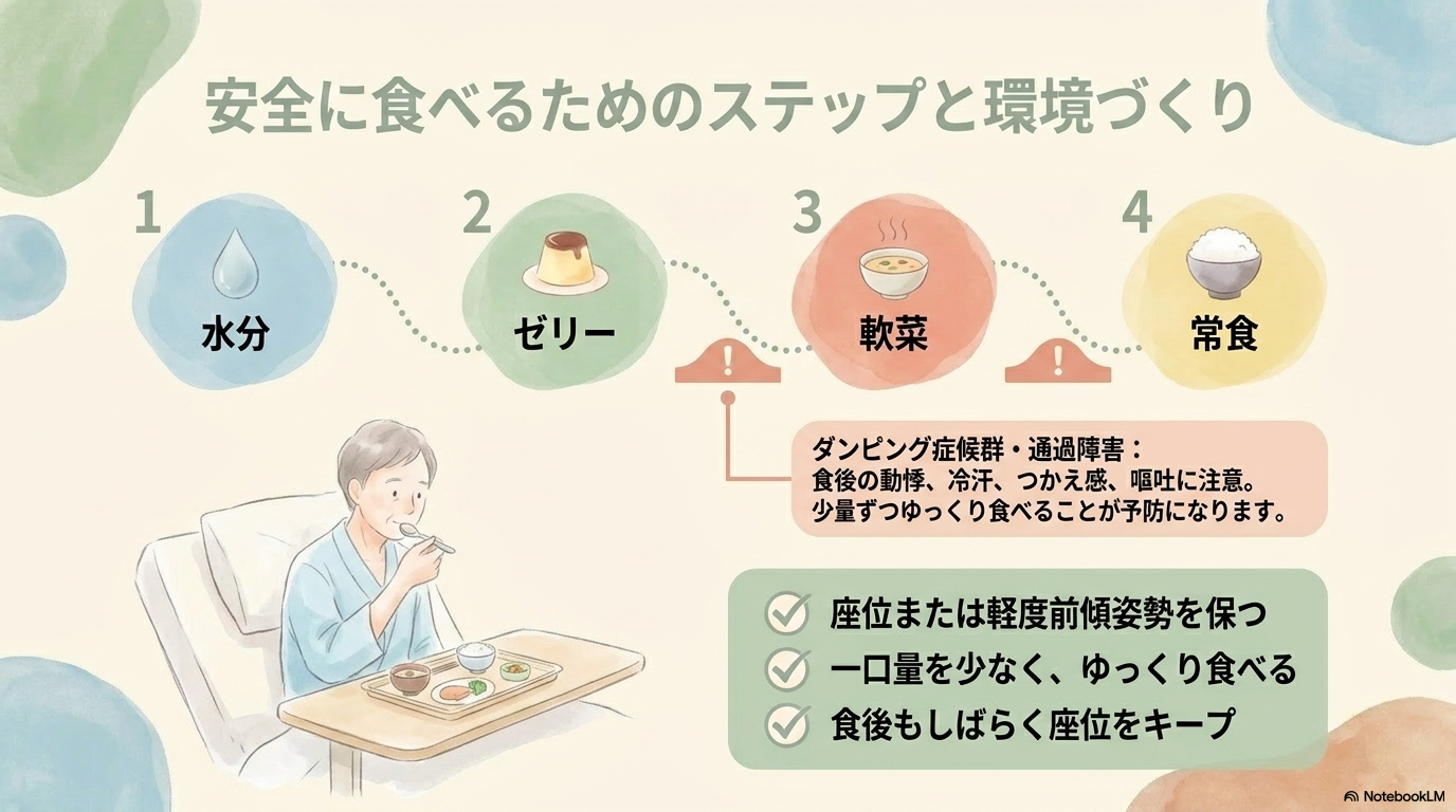 ダンピング症候群や通過障害への看護

食道再建後は、食事に関連した症状も起こりやすくなります。

食後の動悸・冷汗・めまい（ダンピング症候群）
つかえ感や嘔吐（通過障害）

これらは患者さんにとって大きなストレスになります。

そのため、少量ずつゆっくり食べることや、食事内容の工夫などを指導していくことが大切です。