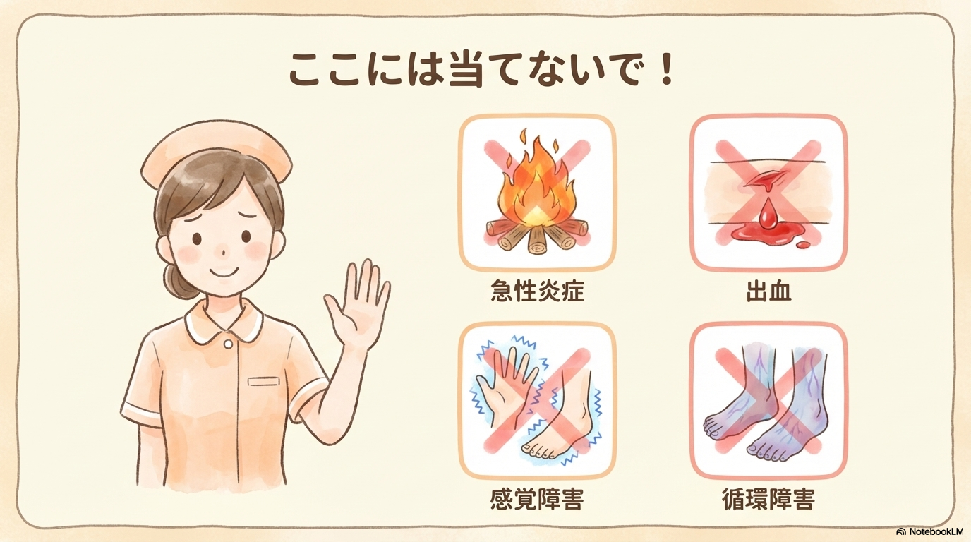 禁忌（やってはいけないケース） 一方で、温湿布を行ってはいけない場面もあります。 急性炎症（発赤・腫脹・熱感がある） 出血している部位 腫瘍部位（医師の指示がない場合） 感覚障害・麻痺がある部位 重度の循環障害がある部位 特に重要なのが、炎症があるところは温めないという点です。 温めることで血流が増え、炎症や出血が悪化する可能性があります。