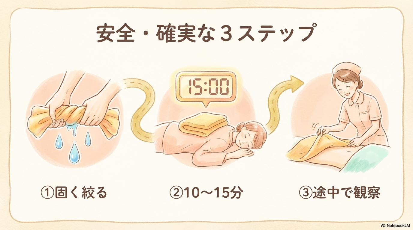 安全に行うためのポイントはこちら👇 同じ部位に長時間当てない 必ず温度確認をする 観察を継続する 患者の訴えを最優先する 特に大切なのが、「大丈夫です」は当てにならないこともあるという点です。 高齢者や感覚障害がある患者さんは、熱さを感じにくいことがあります。