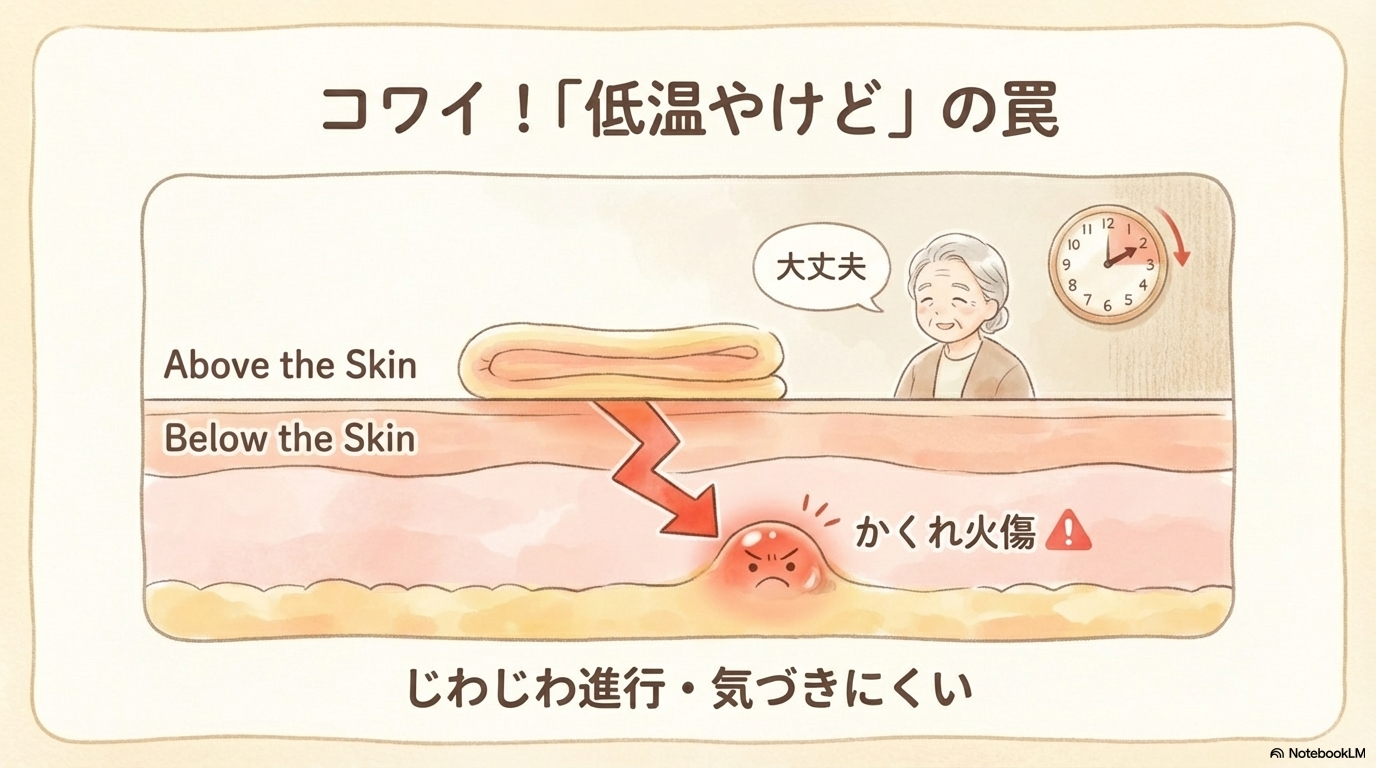 低温熱傷の予防 低温熱傷は「じわじわ起こるやけど」で、以下の条件で起こりやすくなります。 同じ部位に長時間当てる 43℃以上の温度が持続する 感覚が鈍い患者（高齢者・麻痺） つまり、 「熱すぎない」だけでは不十分で、「当て続けない」ことも重要なんです。 予防のポイントはこちら👇 10〜15分で終了する 途中で必ず皮膚確認する 違和感の訴えがあればすぐ中止