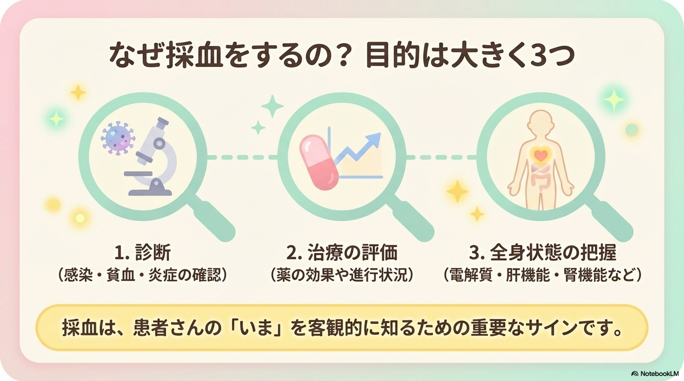 採血の目的

採血はただ血を採るだけではなく、患者の状態を把握するためにとても重要です。

目的	内容
診断	感染症・貧血・炎症などの有無を確認
治療評価	薬の効果や治療の進行状況を確認
全身状態の把握	電解質・肝機能・腎機能などを評価

つまり採血は、患者の「今の状態」を客観的に知るための重要な手段なんです。

だからこそ、ただの作業として行うのではなく、「正確に・安全に」行うことがとても大切になります。

次の章では、いよいよ実際の採血手順を分かりやすく解説していきますね😊