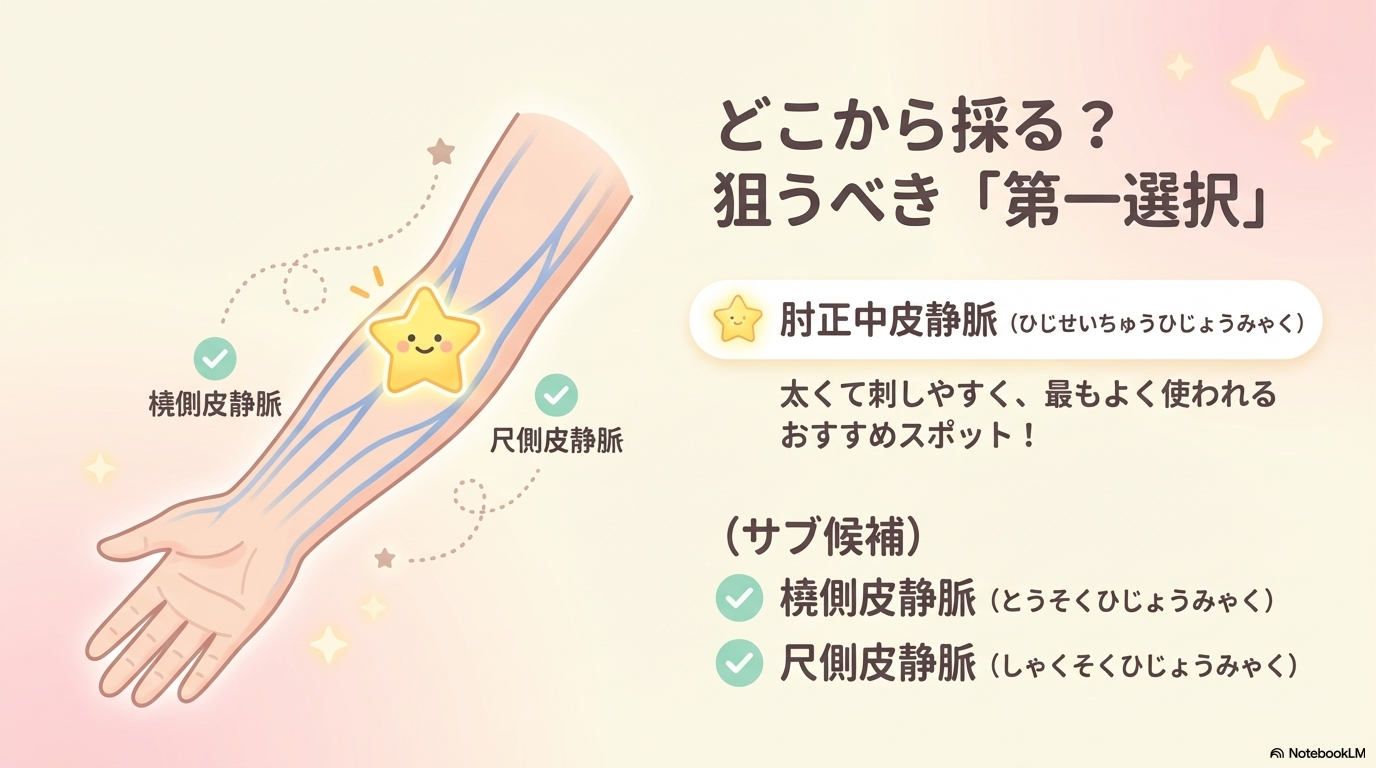 穿刺角度と血管の選び方

採血で一番つまずきやすいのがここです。

基本のポイントは👇

穿刺角度：10〜30度程度
血管は「まっすぐ・弾力がある・逃げにくい」ものを選ぶ
関節部や蛇行した血管は避ける

また、血管選びでは以下を意識すると成功率が上がります👇

太さより「固定できるか」を重視
触って弾力があるか確認
見た目より触診を優先

「“太い血管＝刺しやすい”じゃないのよ😊逃げない血管を選ぶのがコツ！」