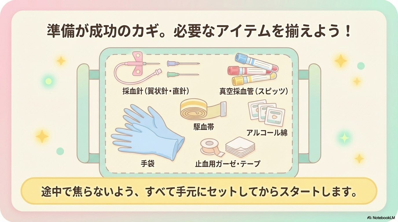 物品	目的
採血針（翼状針・直針）	血液を採取する
真空採血管（スピッツ）	血液を保存・検査する
駆血帯	血管を浮き出させる
アルコール綿	消毒
手袋	感染予防
止血用ガーゼ・テープ	出血を止める