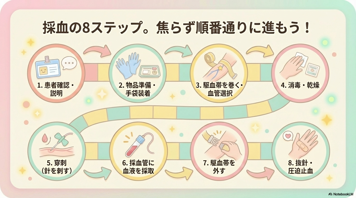 患者確認・説明を行う
物品準備・手指衛生・手袋装着
駆血帯を巻き、血管を選択する
消毒し、乾燥させる
穿刺（針を刺す）
採血管に血液を採取する
駆血帯を外す
抜針し、圧迫止血する