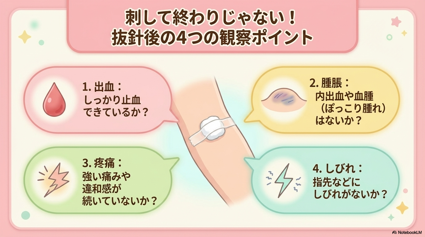 採血は「刺して終わり」ではありません。

むしろ抜針後の観察こそ、安全管理のポイントになります😊

トラブルを未然に防ぐためにも、しっかり押さえていきましょう🌸
