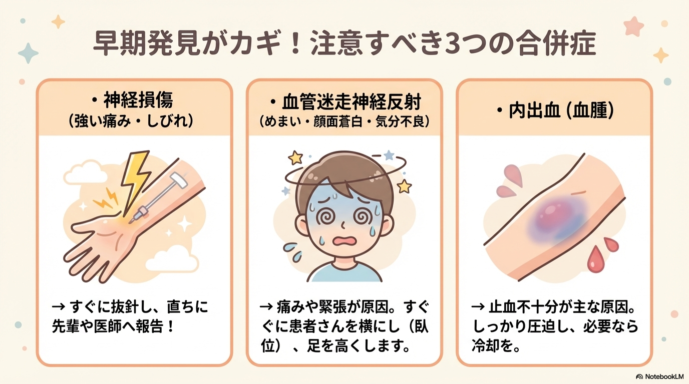 主な合併症

採血で起こりうる主な合併症は以下の通りです👇

合併症	原因	対応
内出血（血腫）	止血不十分・血管損傷	圧迫・冷却・安静
神経損傷	神経付近への穿刺	直ちに中止・報告
血管迷走神経反射	痛み・緊張	臥位・下肢挙上・観察
感染	不十分な消毒	清潔操作の徹底

中でも注意したいのが、神経損傷と血管迷走神経反射です。

しびれや強い痛みを訴えた場合は、すぐに対応が必要になります。