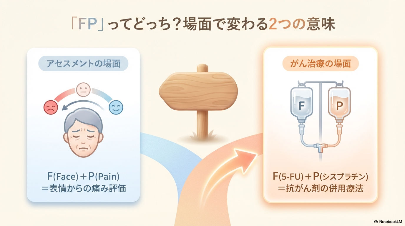 FPとは？医療での意味をわかりやすく解説

「FPって結局なに？」と迷いますよね。

実は医療現場では、FPという略語は1つの意味ではなく、文脈によって使い分けられています。

ここではまず、FPの代表的な意味を整理していきましょう🩺

FP＝化学療法（5-FU＋シスプラチン）

臨床で最もよく使われるのが、抗がん剤治療としてのFPです。

これは

F：5-FU（フルオロウラシル）
P：シスプラチン（CDDP）

を組み合わせた治療で、

FP療法＝2種類の抗がん剤を併用する化学療法を意味します。

主に食道がんや胃がんなどで使われることが多く、現場では

「今日からFP開始です」
「FP2コース目ですね」

のように日常的に使われています。

FP＝Face Pain（痛み評価）

一方で、バイタルサインやアセスメントの場面では、別の意味で使われることもあります。

それが

F：Face（顔）
P：Pain（痛み）

です。

これは患者さんの表情から痛みを評価する指標の一部で、特に意思表示が難しい患者さんの評価に使われます。