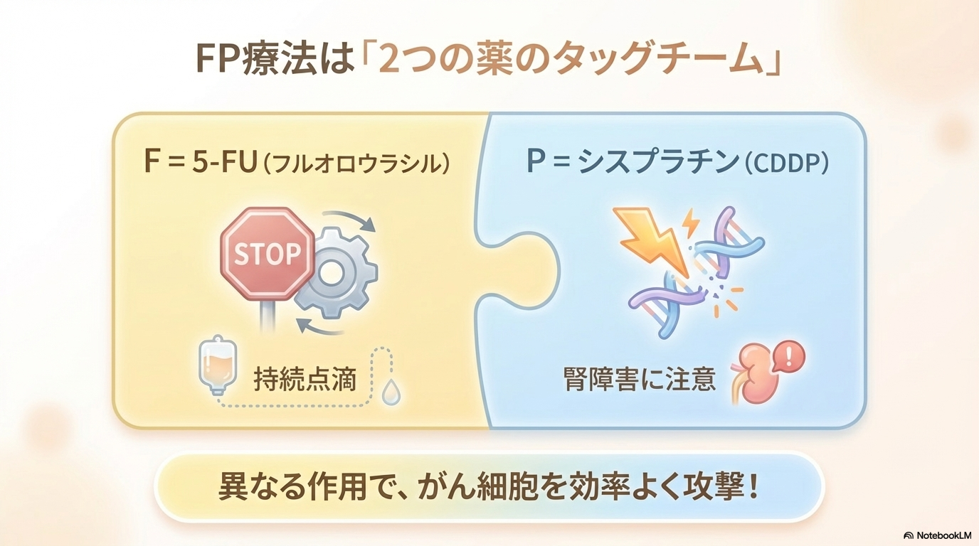 FP療法の薬剤（5-FU・シスプラチン）

FP療法は、2つの抗がん剤を組み合わせた治療です。

薬剤	特徴
5-FU（フルオロウラシル）	がん細胞のDNA合成を妨げる薬（抗代謝薬）
シスプラチン（CDDP）	DNAを傷つけて細胞を死滅させる薬（白金製剤）

この2つを組み合わせることで、

異なる作用でがん細胞を攻撃できるのがポイントです。