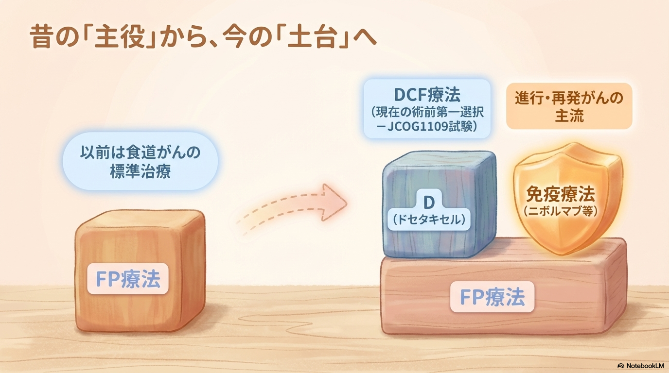 以前は標準治療だった

FP療法（5-FU＋シスプラチン）は、特に食道がんにおいて

長年、日本の術前化学療法の標準治療として使われてきました。

実際にガイドラインでも、従来はこのFP療法（CF療法）が基本レジメンとして位置づけられていました。

現在はDCF療法が第一選択へ

しかし現在は、治療の進歩によって状況が変わっています。

JCOG1109試験の結果により、

DCF療法（ドセタキセル＋シスプラチン＋5-FU）の方が生存率を改善することが示されました。

そのため、ガイドラインでは

cStage II・IIIの食道がん
術前治療

において、DCF療法が強く推奨されています。

つまり現在は、

FP療法単独は「第一選択ではない」位置づけになっています。
