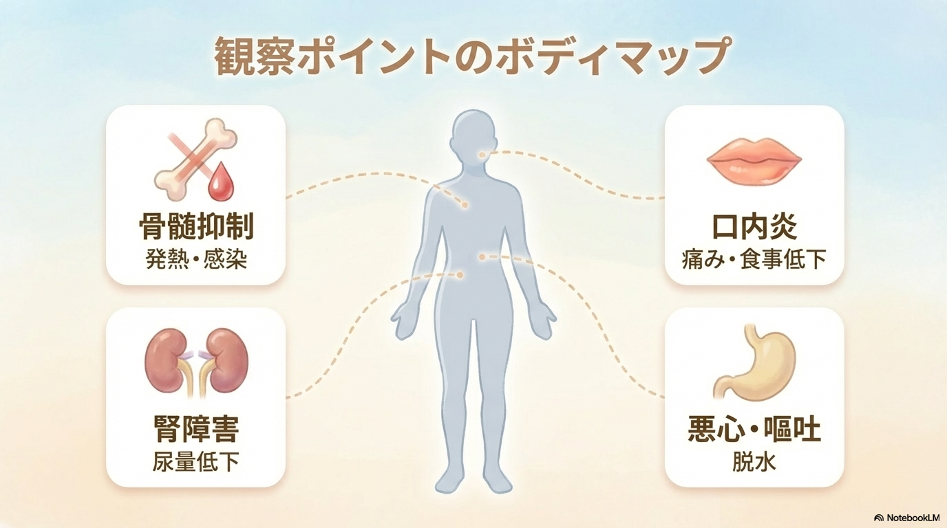 FP療法の副作用と看護のポイント

FP療法で看護師が最も意識するべきなのが、副作用の管理です。

副作用は患者さんのQOLや治療継続に直結するため、早期発見と対応がとても重要になります🩺

主な副作用一覧
副作用	原因薬剤	看護ポイント
骨髄抑制	5-FU・シスプラチン	発熱・感染兆候の観察、血液データ確認
腎障害	シスプラチン	尿量・Cr・水分バランスの管理
口内炎	5-FU	口腔ケア・食事状況の確認
悪心・嘔吐	主にシスプラチン	制吐薬の効果確認・食事摂取量の観察

骨髄抑制（感染リスク）

FP療法では白血球・好中球の低下が起こりやすく、感染リスクが高まります。

特に注意するポイントは

発熱（37.5℃以上など）
咳・痰・創部の発赤
倦怠感の増強

です。

「いつもと違う」が重要なサインなので、小さな変化も見逃さないことが大切です。

---

腎障害（シスプラチン）

シスプラチンは腎臓に負担をかける薬剤です。

そのため、

尿量（1日量・時間尿）
クレアチニン（Cr）
体重変化

をしっかり確認します。

また、補液がしっかり入っているかの確認も重要で、

「水分管理＝腎機能を守るケア」になります。

---

口内炎・消化器症状（5-FU）

5-FUでは口内炎や下痢などの消化器症状が出やすくなります。

特に口内炎は食事摂取に大きく影響するため、

口腔内の観察（発赤・びらん）
食事摂取量
痛みの有無

をチェックします。

必要に応じて口腔ケアの強化や食事形態の調整も行います。

---

悪心・嘔吐（シスプラチン）

シスプラチンは高度催吐性抗がん剤に分類され、吐き気が強く出ることがあります。

そのため、

制吐薬の効果確認
食事摂取状況
脱水の兆候

を観察します。

患者さんは「言い出せず我慢している」ことも多いので、こちらから声をかけることも大切です😊