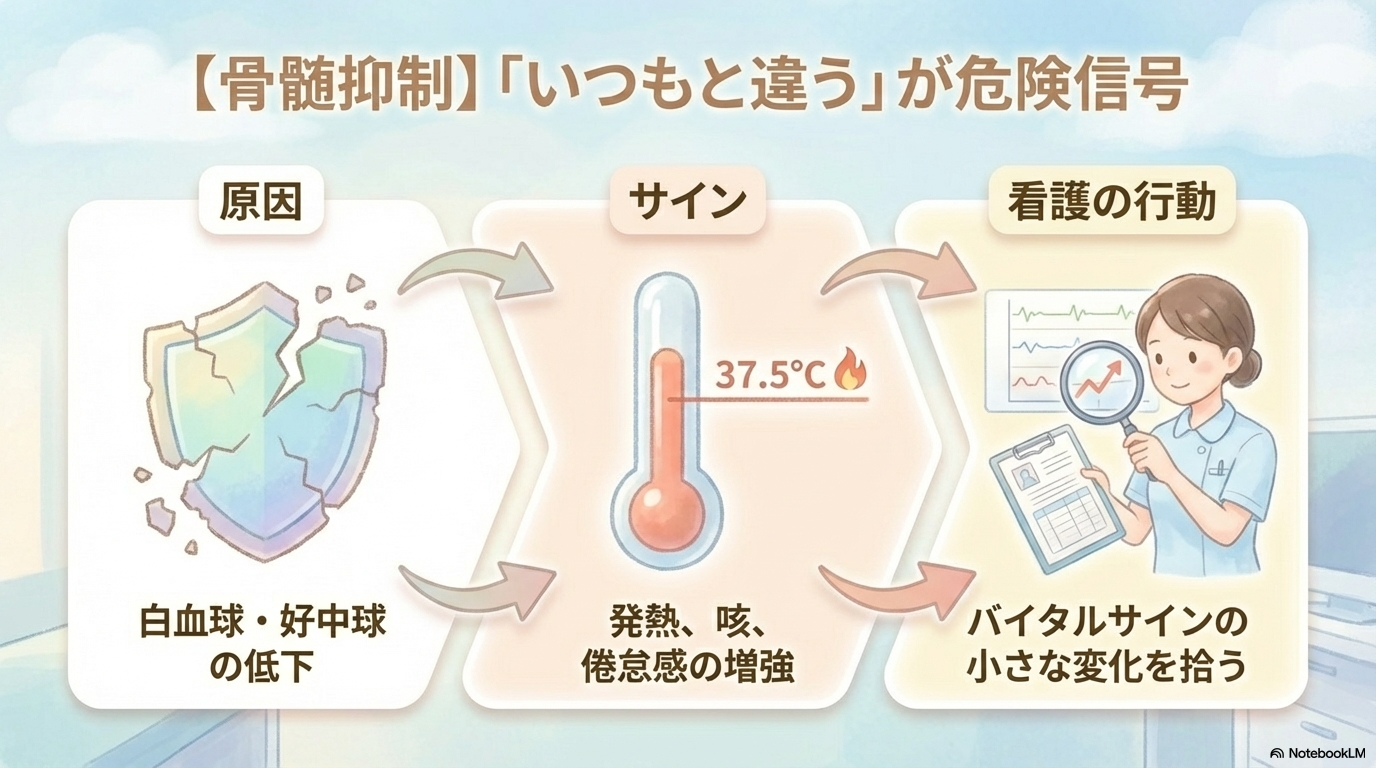 FP療法の副作用と看護のポイント

FP療法で看護師が最も意識するべきなのが、副作用の管理です。

副作用は患者さんのQOLや治療継続に直結するため、早期発見と対応がとても重要になります🩺

主な副作用一覧
副作用	原因薬剤	看護ポイント
骨髄抑制	5-FU・シスプラチン	発熱・感染兆候の観察、血液データ確認
腎障害	シスプラチン	尿量・Cr・水分バランスの管理
口内炎	5-FU	口腔ケア・食事状況の確認
悪心・嘔吐	主にシスプラチン	制吐薬の効果確認・食事摂取量の観察

骨髄抑制（感染リスク）

FP療法では白血球・好中球の低下が起こりやすく、感染リスクが高まります。

特に注意するポイントは

発熱（37.5℃以上など）
咳・痰・創部の発赤
倦怠感の増強

です。

「いつもと違う」が重要なサインなので、小さな変化も見逃さないことが大切です。

---

腎障害（シスプラチン）

シスプラチンは腎臓に負担をかける薬剤です。

そのため、

尿量（1日量・時間尿）
クレアチニン（Cr）
体重変化

をしっかり確認します。

また、補液がしっかり入っているかの確認も重要で、

「水分管理＝腎機能を守るケア」になります。

---

口内炎・消化器症状（5-FU）

5-FUでは口内炎や下痢などの消化器症状が出やすくなります。

特に口内炎は食事摂取に大きく影響するため、

口腔内の観察（発赤・びらん）
食事摂取量
痛みの有無

をチェックします。

必要に応じて口腔ケアの強化や食事形態の調整も行います。

---

悪心・嘔吐（シスプラチン）

シスプラチンは高度催吐性抗がん剤に分類され、吐き気が強く出ることがあります。

そのため、

制吐薬の効果確認
食事摂取状況
脱水の兆候

を観察します。

患者さんは「言い出せず我慢している」ことも多いので、こちらから声をかけることも大切です😊