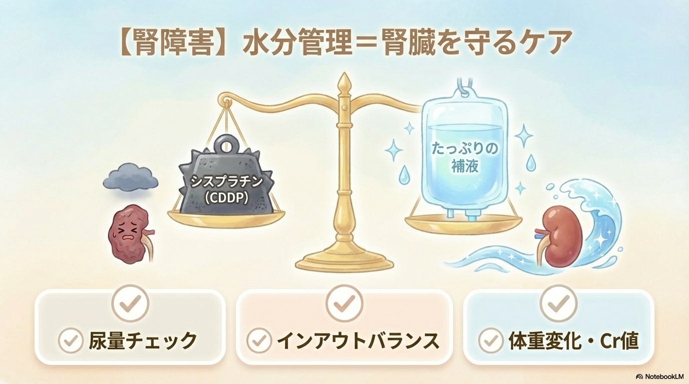 FP療法の副作用と看護のポイント

FP療法で看護師が最も意識するべきなのが、副作用の管理です。

副作用は患者さんのQOLや治療継続に直結するため、早期発見と対応がとても重要になります🩺

主な副作用一覧
副作用	原因薬剤	看護ポイント
骨髄抑制	5-FU・シスプラチン	発熱・感染兆候の観察、血液データ確認
腎障害	シスプラチン	尿量・Cr・水分バランスの管理
口内炎	5-FU	口腔ケア・食事状況の確認
悪心・嘔吐	主にシスプラチン	制吐薬の効果確認・食事摂取量の観察

骨髄抑制（感染リスク）

FP療法では白血球・好中球の低下が起こりやすく、感染リスクが高まります。

特に注意するポイントは

発熱（37.5℃以上など）
咳・痰・創部の発赤
倦怠感の増強

です。

「いつもと違う」が重要なサインなので、小さな変化も見逃さないことが大切です。

---

腎障害（シスプラチン）

シスプラチンは腎臓に負担をかける薬剤です。

そのため、

尿量（1日量・時間尿）
クレアチニン（Cr）
体重変化

をしっかり確認します。

また、補液がしっかり入っているかの確認も重要で、

「水分管理＝腎機能を守るケア」になります。

---

口内炎・消化器症状（5-FU）

5-FUでは口内炎や下痢などの消化器症状が出やすくなります。

特に口内炎は食事摂取に大きく影響するため、

口腔内の観察（発赤・びらん）
食事摂取量
痛みの有無

をチェックします。

必要に応じて口腔ケアの強化や食事形態の調整も行います。

---

悪心・嘔吐（シスプラチン）

シスプラチンは高度催吐性抗がん剤に分類され、吐き気が強く出ることがあります。

そのため、

制吐薬の効果確認
食事摂取状況
脱水の兆候

を観察します。

患者さんは「言い出せず我慢している」ことも多いので、こちらから声をかけることも大切です😊
