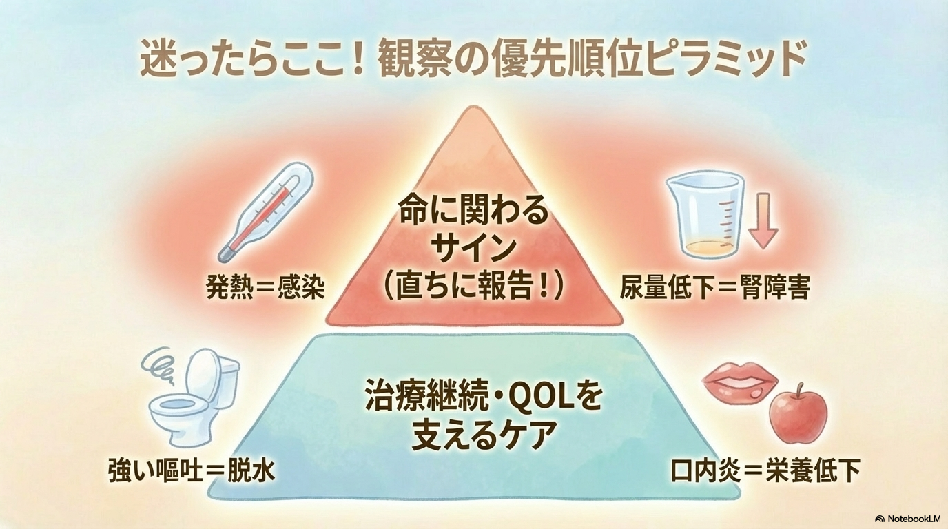 副作用の優先順位がわからない

副作用はたくさんあるので、「どれを優先して見るの？」と迷いますよね。

そんなときはシンプルに考えてみましょう。

命に関わるものから優先です。

発熱（感染）
尿量低下（腎障害）
強い嘔吐（脱水）

「重症化しやすいもの」から見ると整理しやすくなります。
