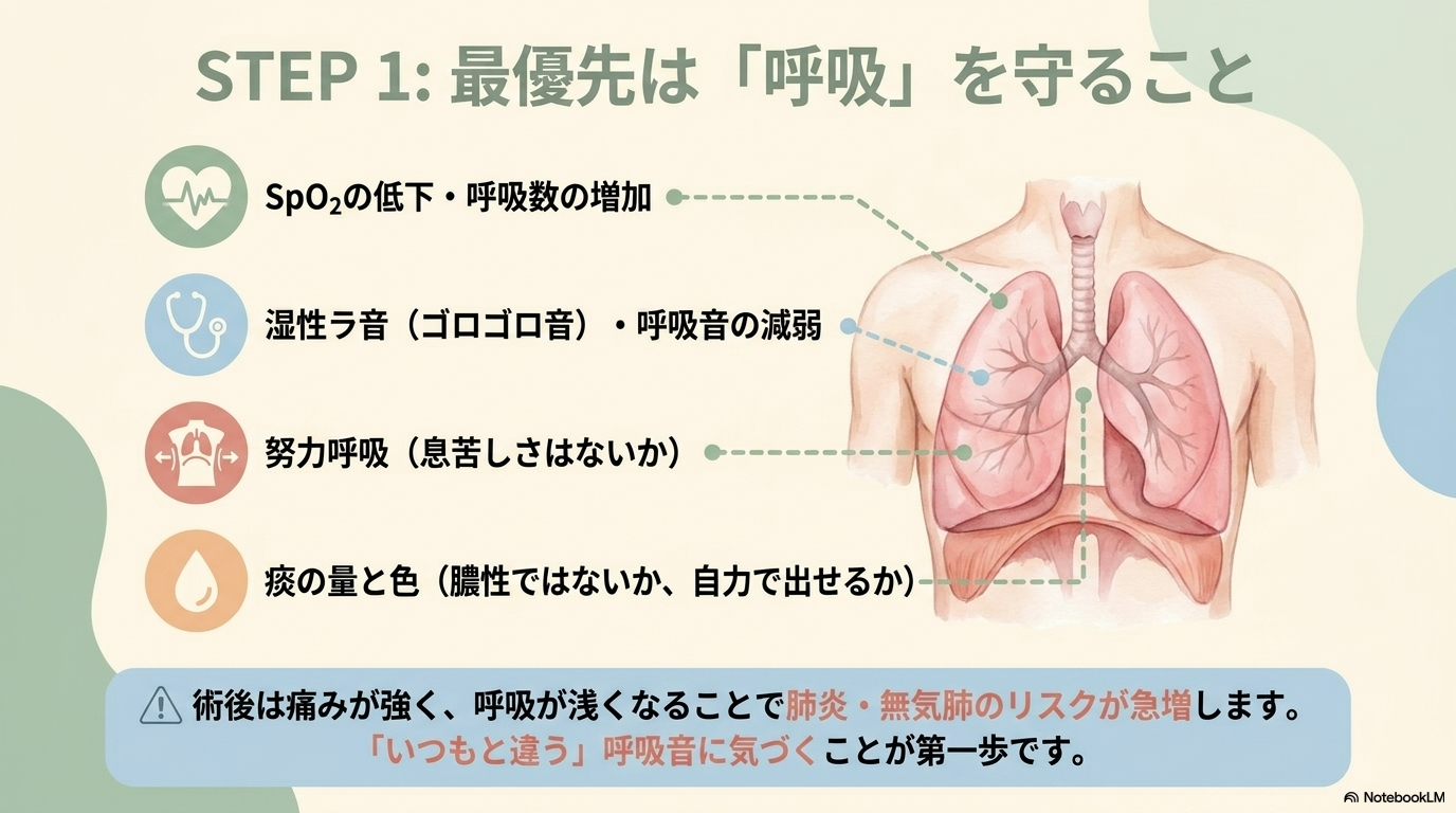 食道がん術後で最も重要なのが呼吸器合併症です。

開胸手術や疼痛の影響で呼吸が浅くなり、肺炎や無気肺が起こりやすくなります。

発熱
SpO₂低下
湿性ラ音
痰が出せない

これらが見られたら要注意です。

看護としては、深呼吸・咳嗽訓練、体位変換、早期離床、口腔ケアを組み合わせて予防していきます。