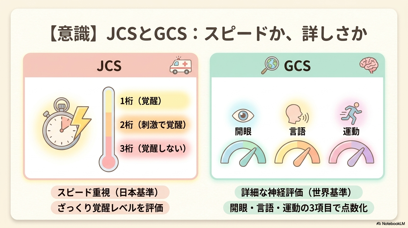 JCS=ざっくり覚醒レベル
GCS=より詳細な神経学的評価