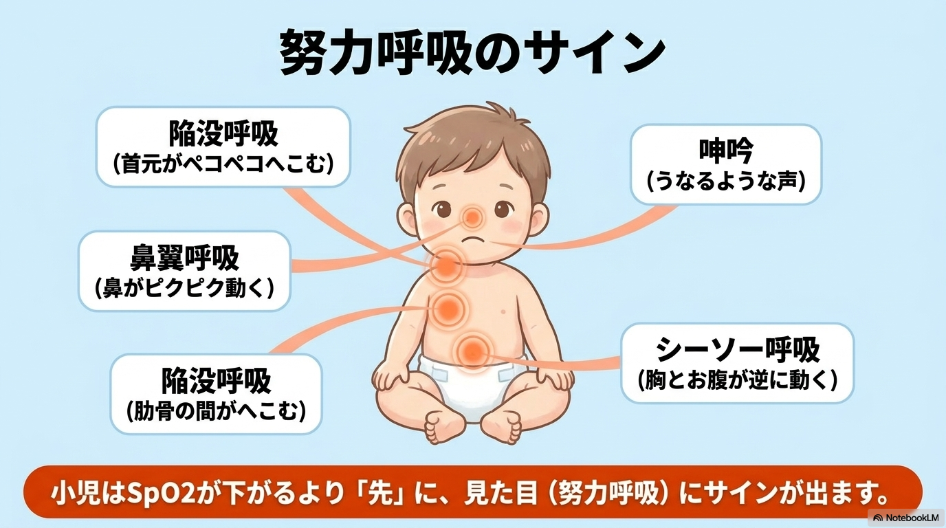 呼吸状態の観察（努力呼吸・陥没呼吸など）
