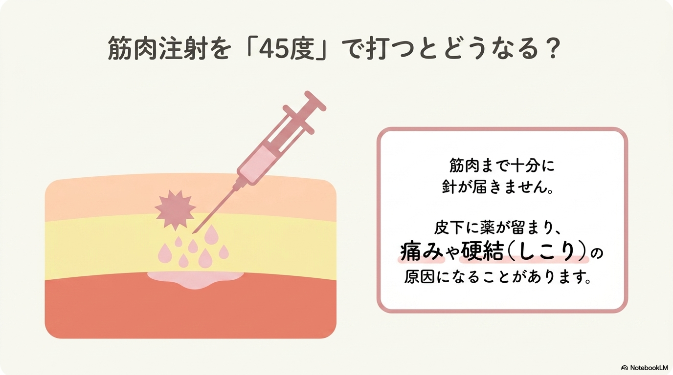 筋肉注射を45度で行うとどうなる？