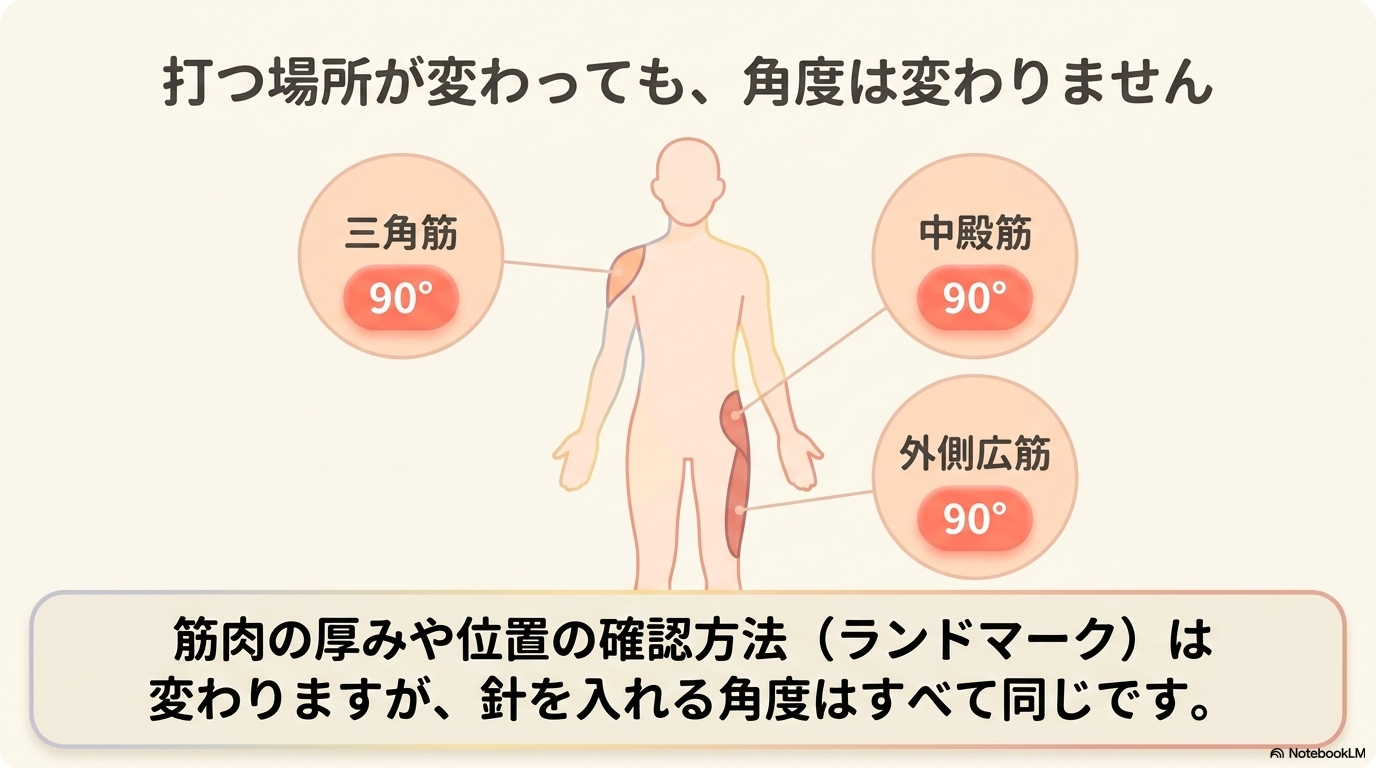 筋肉注射は部位が変わっても基本は90度で刺入