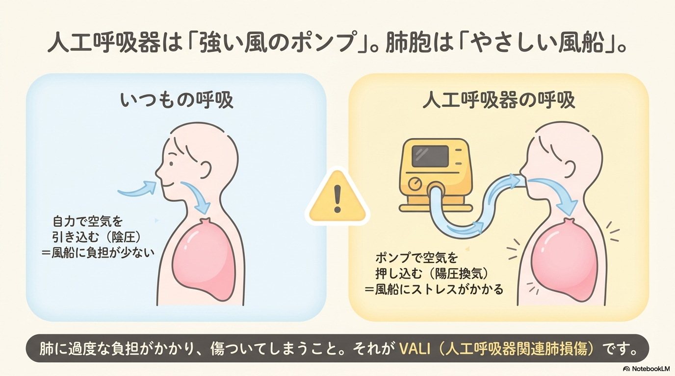 通常の呼吸は、横隔膜などが動いて胸腔内を陰圧(肺の中へ空気を引き込む力)にすることで行われます。
一方、人工呼吸器では陽圧換気によって肺へ空気を送り込むため、生理的な呼吸とは異なる力が肺に加わります。