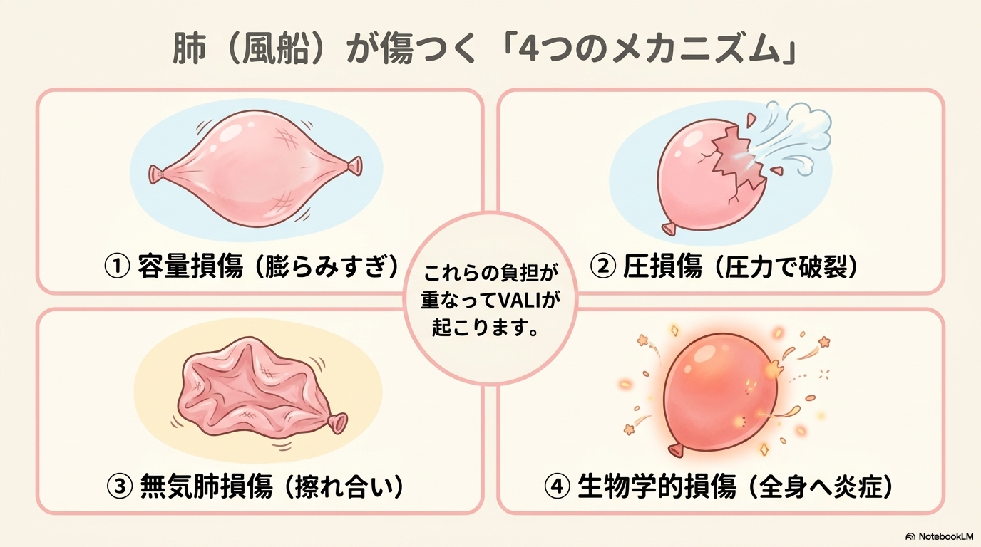 人工呼吸器関連肺損傷(VALI)が起こる4つのメカニズム